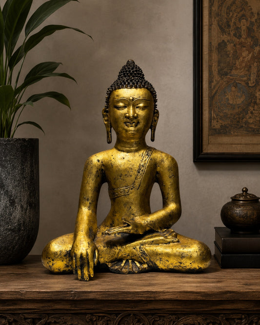 Buddha-Statue aus Gusseisen, China, Bhumisparsha Mudra, vergoldet