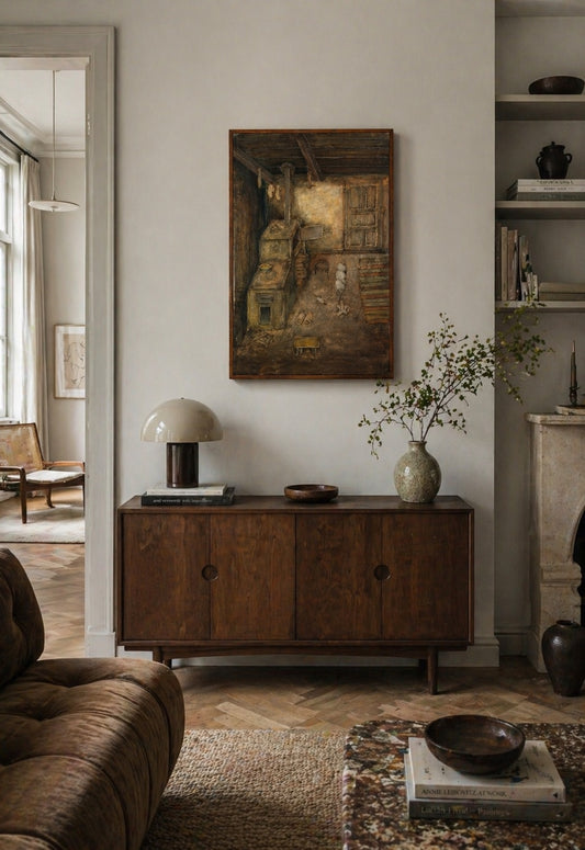 Gemälde im naiven Stil von Pavao Mlinarić, das ein schlichtes Interieur in Erdtönen mit einem charakteristischen Ofen aus Lika darstellt.