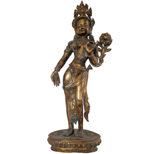Antike Tara-Statue Nepal Bronze stehend mit Lotus Utpala Varada Mudra feuervergoldet