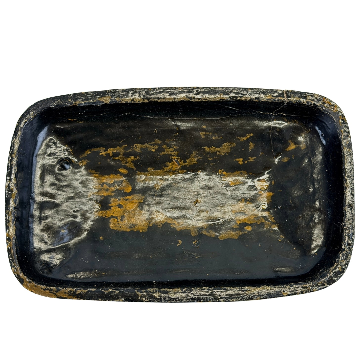 Antike Kashmir-Lackkassette mit Deckel und goldgrünem Dekor