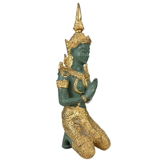 Asiatische Tempelwächter-Statuen-Set Thailand Gold und grüne Patina