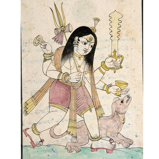 Handbemalter Bhairava mit Hund im traditionellen Rajasthan-Miniaturstil