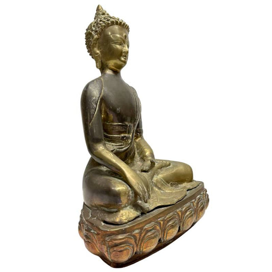 Bronzene Buddha-Statue mit sino-tibetischer Bhumisparsha-Mudra – authentisches Sammlerstück