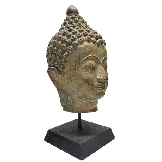 Buddha-Kopf aus Bronze mit fein gearbeiteten Spiralen