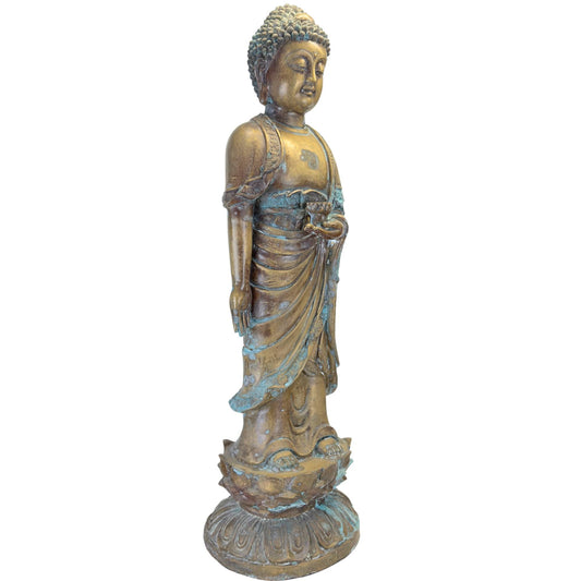 Linke Seite eines stehenden Medizinbuddhas aus Bronze mit natürlicher Kupferpatina.