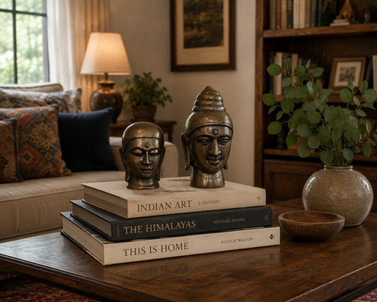 Detail des bronzenen Buddha-Kopfes mit Fokus auf dem Ushnisha und einem heiteren Gesichtsausdruck.