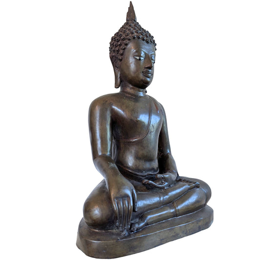 Antike Lan-Xang-Buddha-Figur aus Bronze mit Elfenbeinaugen und Feuervergoldung