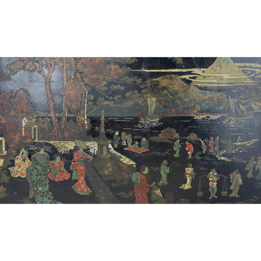 Detail einer japonistischen Landschaft mit Figuren, Booten und dem Berg Fuji auf einem antiken Tablett.