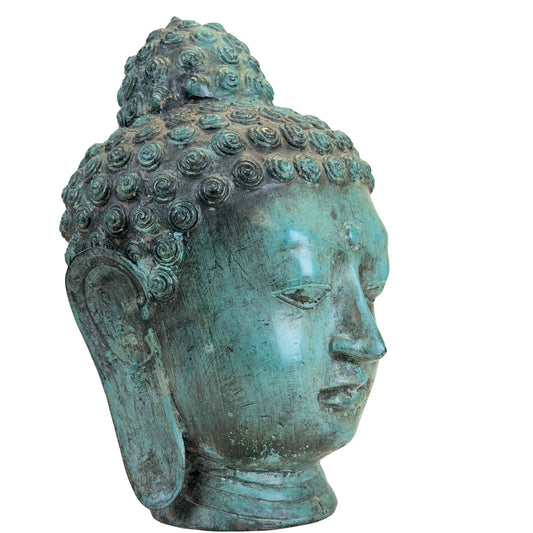 Grün patinierter Buddha-Kopf aus handgegossener Bronze