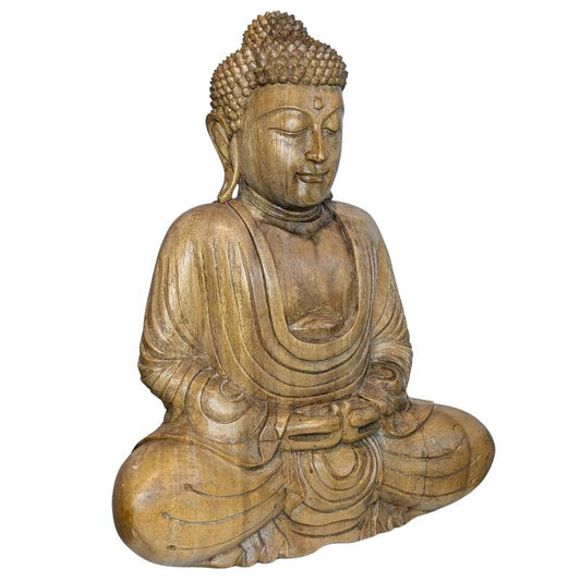 Sitzende Buddha-Statue aus Holz aus Südostasien, Mitte des 20. Jahrhunderts in Dhyana-Mudra.