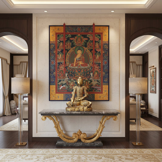 Hölzerner Mandalay-Buddha mit Bhumisparsha-Mudra und reich verziert mit Blattgold