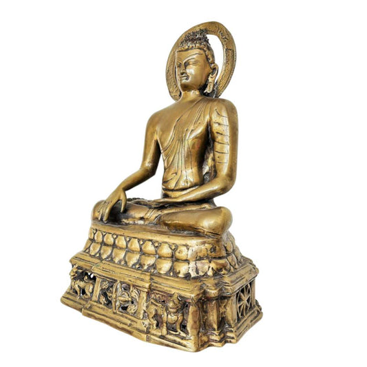 Vergoldete Buddha-Statue aus kaschmirischer Bronze mit Heiligenschein in Bhumisparsha-Mudra, 18. Jahrhundert, Himalaya-Tempelstatue