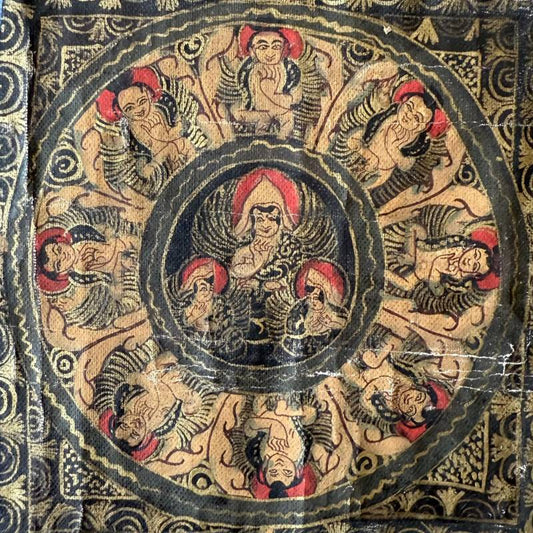Mandala-Thangka mit zentraler geometrischer Komposition auf Leinwand aus Nepal