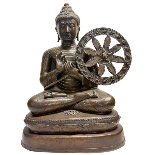 Myanmar Buddha Dharma Chakra Mudra Bronzestatue mit Raddetail in Lehrhaltung