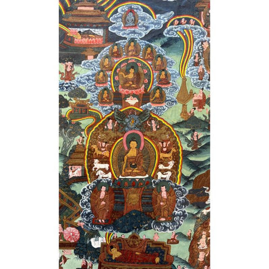 Detail von Buddha bei der Meditation auf einem alten nepalesischen Thangka