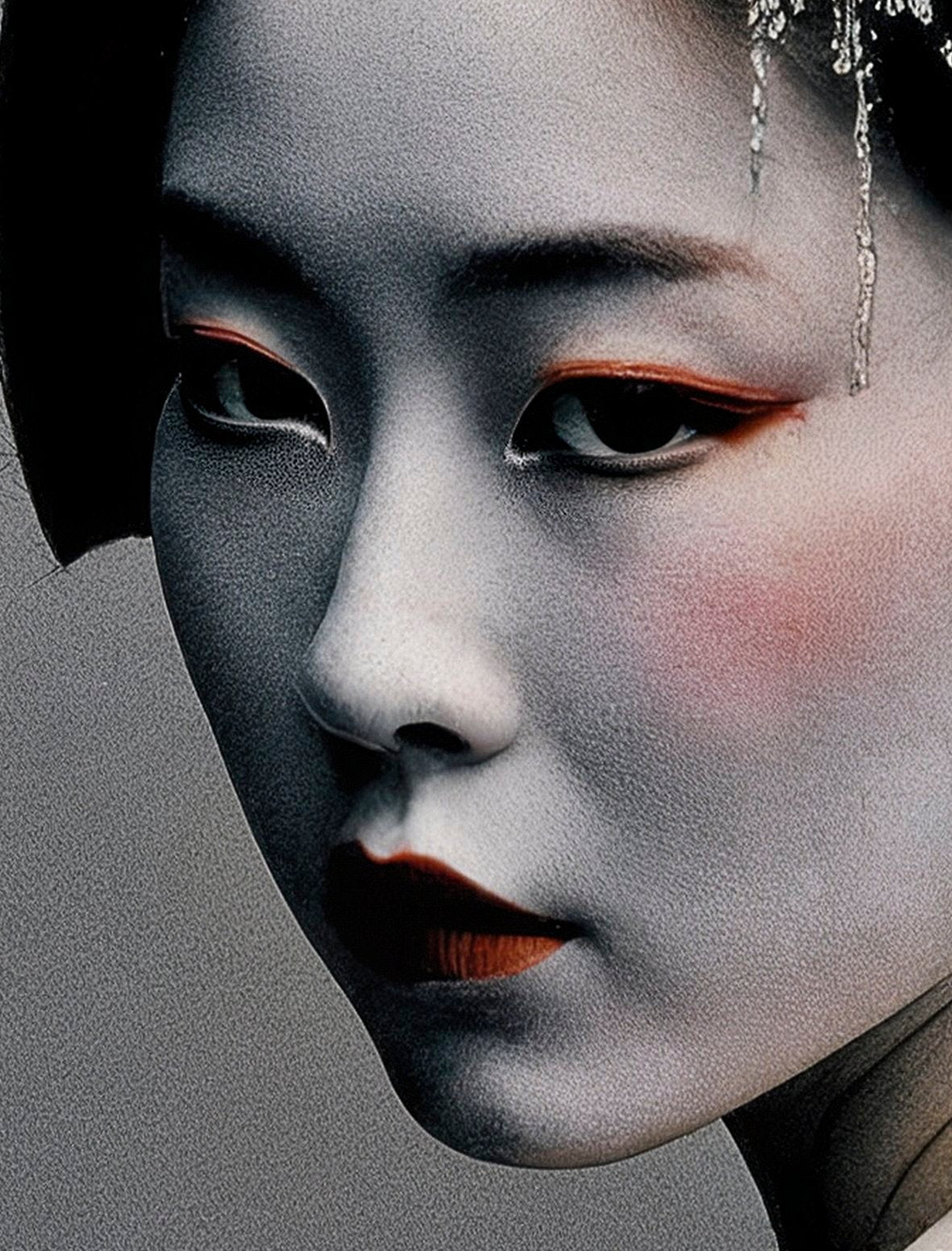 Vollständige Studio-Rendering des Kunstwerks Ivory Silence XL, das eine abgewandte Geisha mit nacktem Rücken und traditionell gestyltem Haar zeigt.