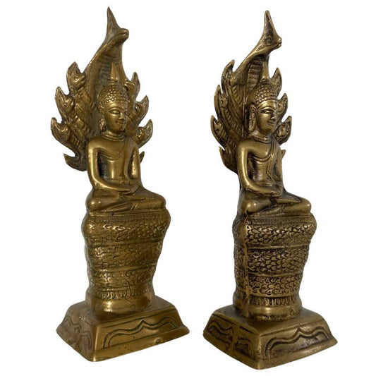 Buddha-Statuen-Set mit Naga-Motiv, Messing, Thailand, Laos, Meditation