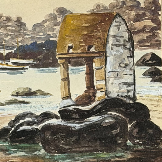 Nahaufnahme der Originalsignatur des französischen Malers R. Blossier und der Ortsangabe Ploumanac'h auf dem antiken Aquarell.