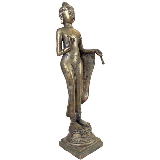 Stehender thailändischer Buddha aus Bronze mit der Handgeste für Furchtlosigkeit.