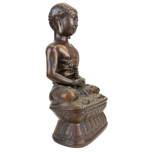 Schwere Buddha-Statue aus Bronze mit Stupa auf einem Lotussockel, aus einer Kupferlegierung mit alter, dunkler Patina