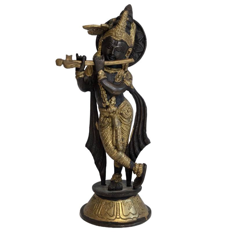 Antike Krishna-Statue aus Bronze mit Flöte

