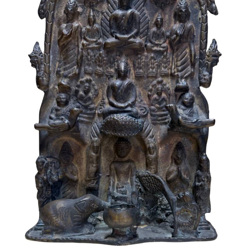 Antikes Bronzerelief des Mucalinda-Buddha-Tempels
