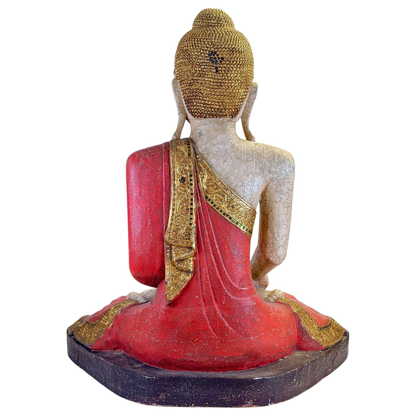 Buddha der 1970er Jahre aus Myanmar – Holz, Farbe und Spiegelmosaik
