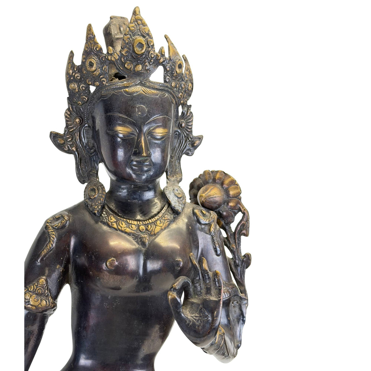 Antique Nepalese bronze Green Tara in the Newar tradition – detail