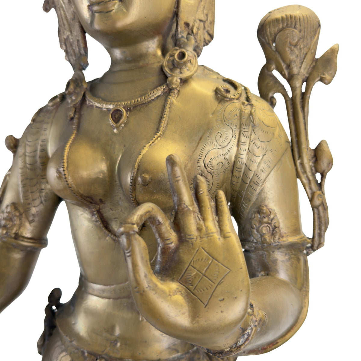 Antique Nepalese Green Tara in fire-gilt bronze – detail
