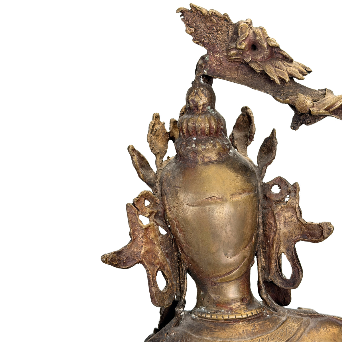 Detail historischer Gussverbindungen in der zusammengesetzten nepalesischen Mañjuśrī-Figur
