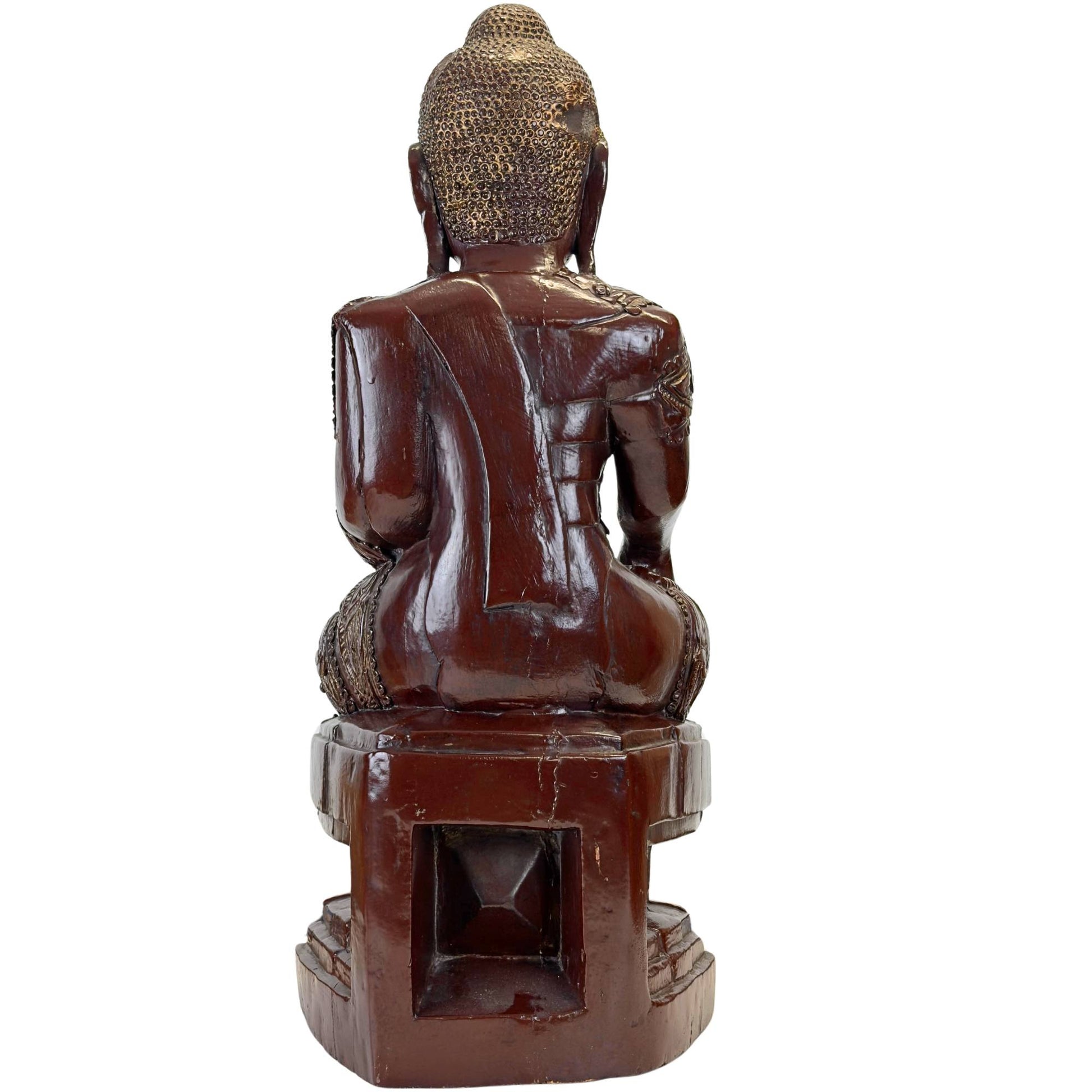 Rückseite einer antiken Buddha-Statue aus Mandalay, Myanmar, mit originalem Thit-Si-Lack und offener Reliquiennische