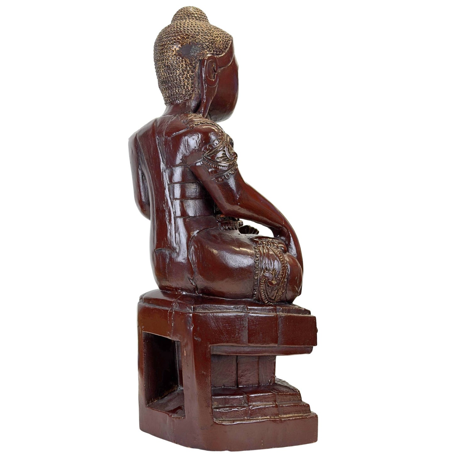 Linke Rückseite einer antiken Buddha-Statue aus Mandalay, Myanmar, mit originalem Thit-Si-Lack und Reliquiar