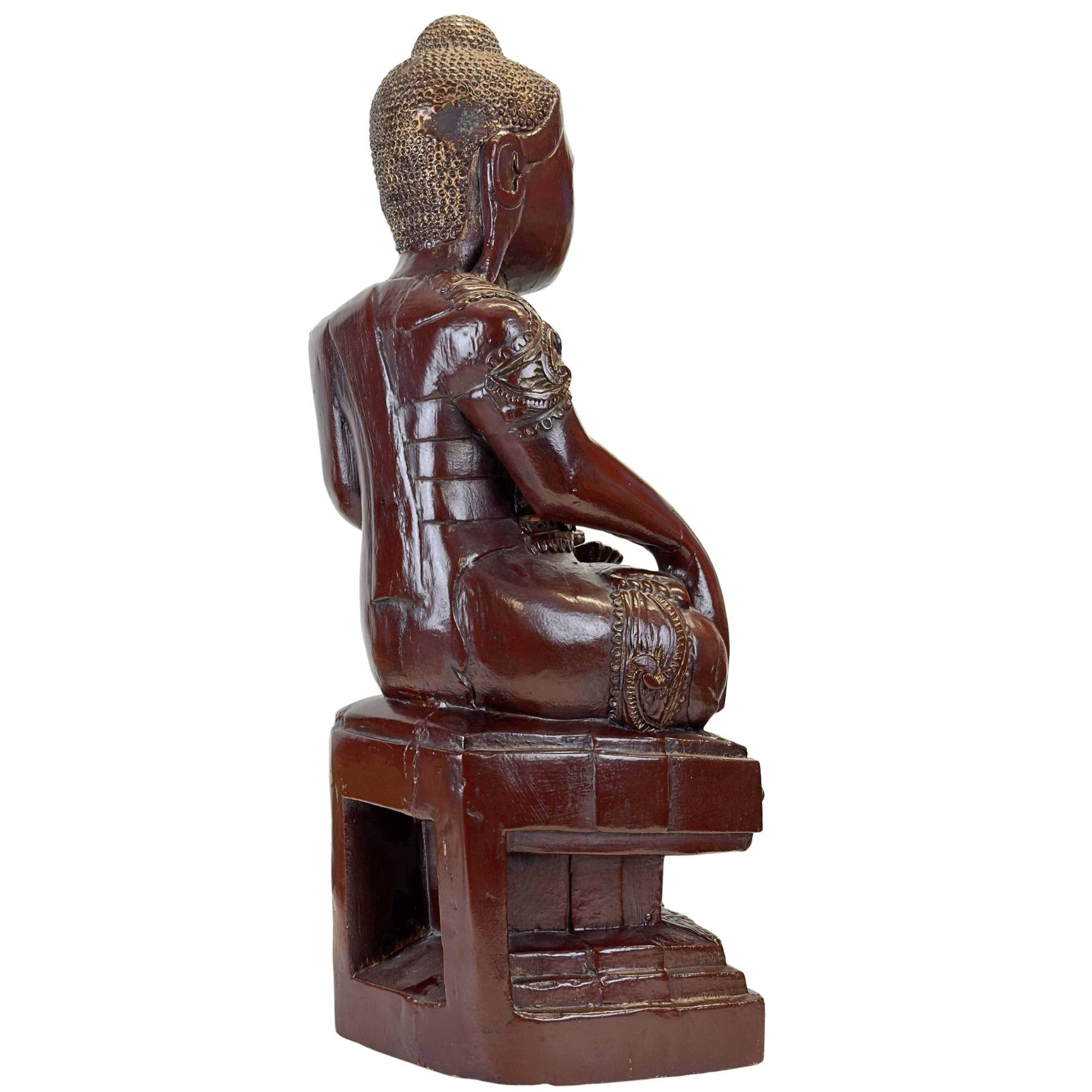 Linke Rückseite einer antiken Buddha-Statue aus Mandalay, Myanmar, mit originalem Thit-Si-Lack und Reliquiar