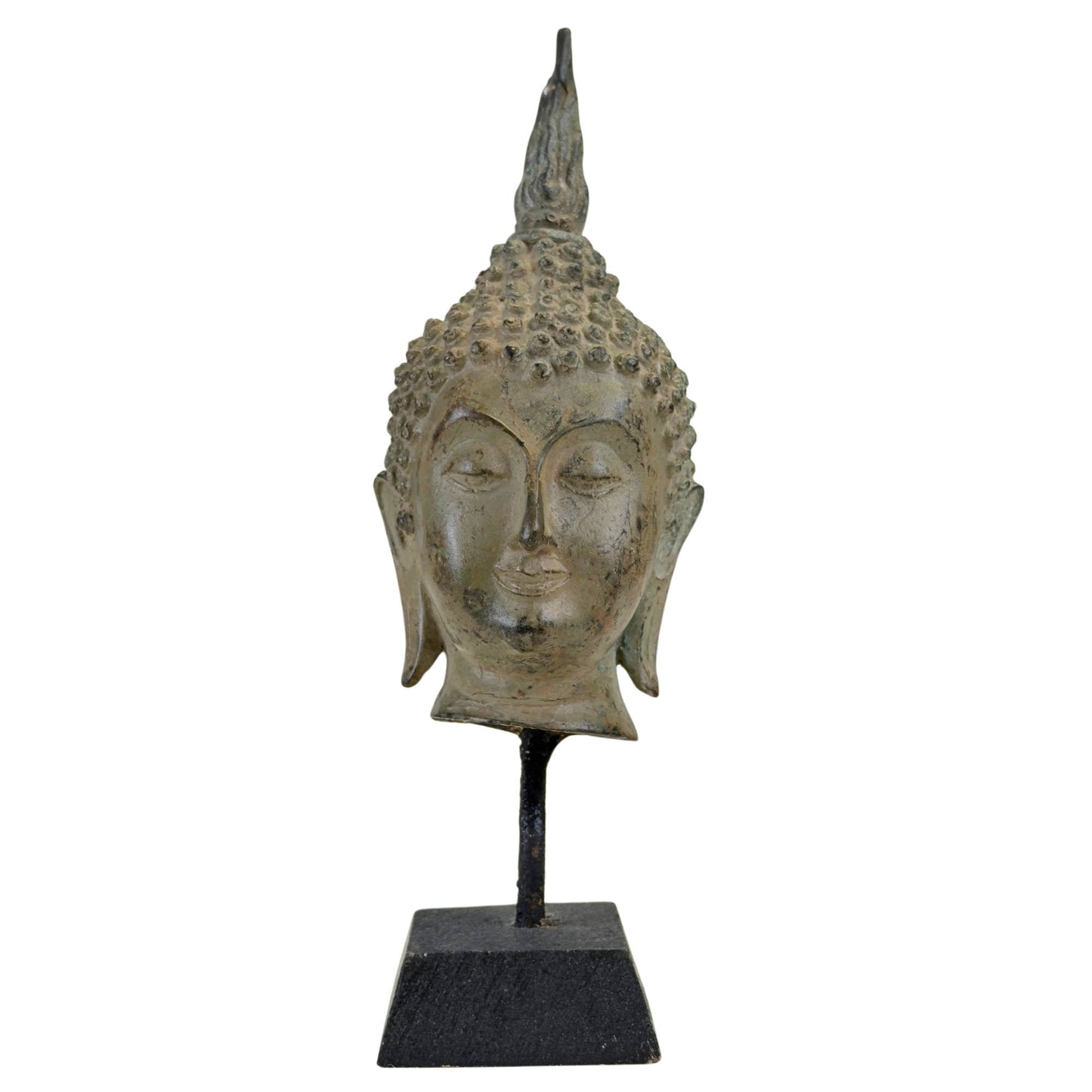 Antiker thailändischer Buddha-Kopf aus Bronze auf schwarzem Sockel bei 1stbuddha kaufen