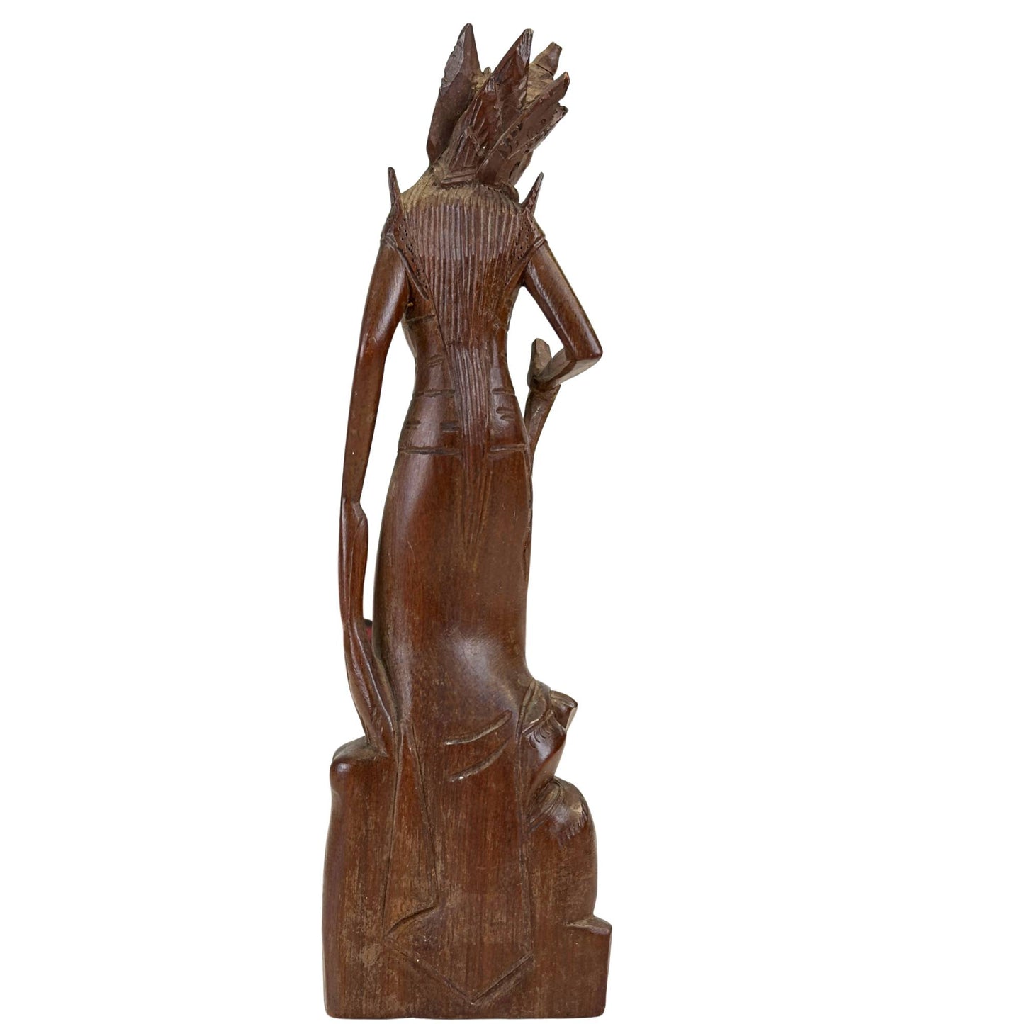 Rückseite einer Holzskulptur aus Bali mit tiefer Maserung und natürlicher Patina