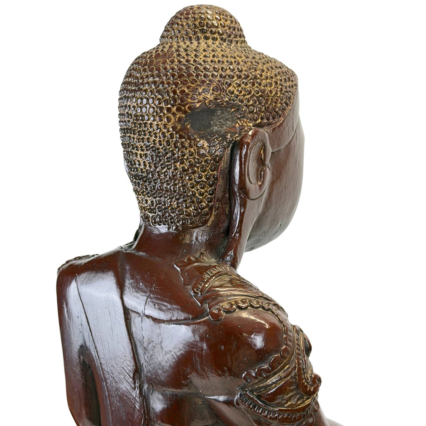 Rückseite des Kopfes einer antiken Buddha-Statue aus Mandalay, Myanmar, mit originalem Thit-Si-Lack, Blattgold und authentischen Gebrauchsspuren.