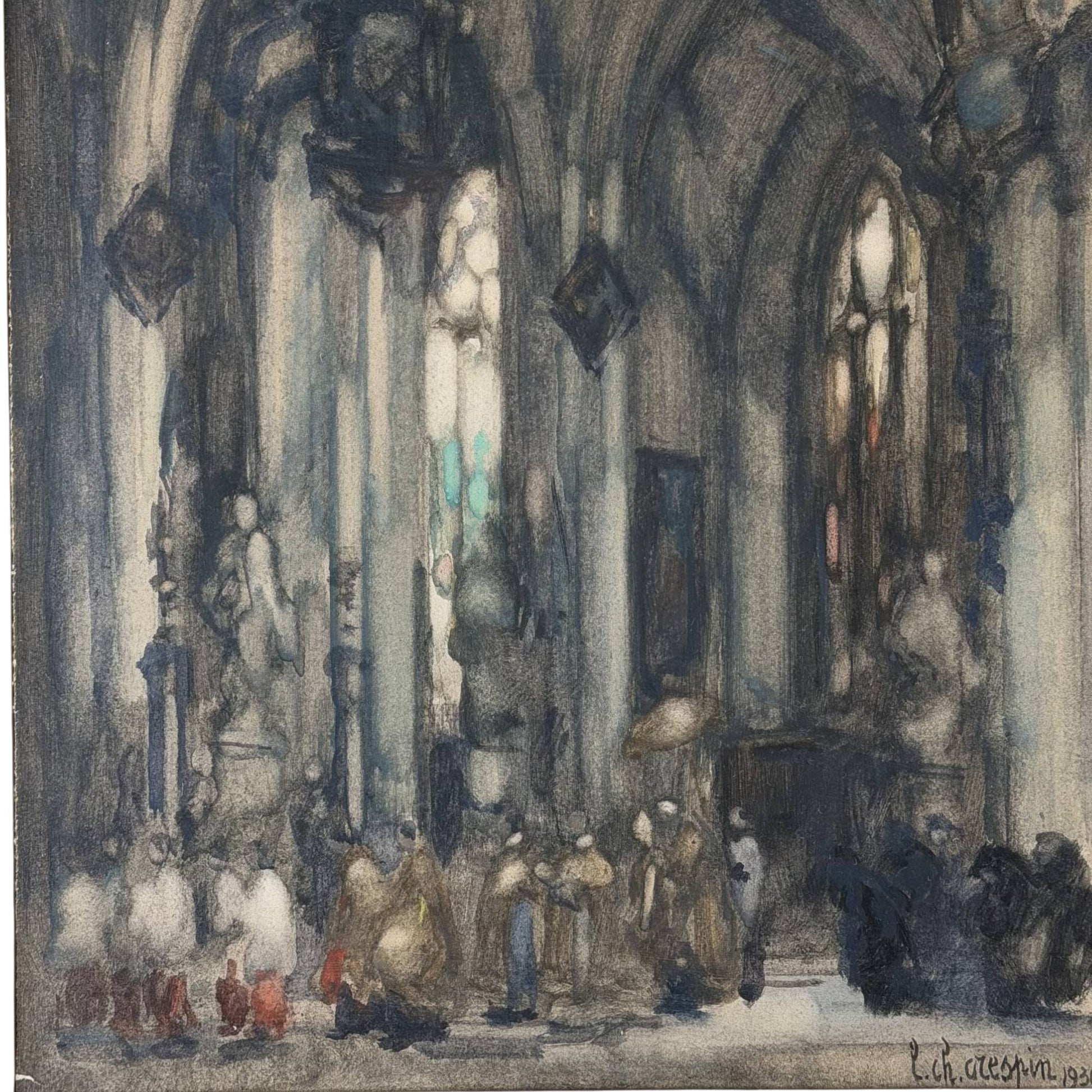 Antikes Kircheninnengemälde von Louis-Charles Crespin
