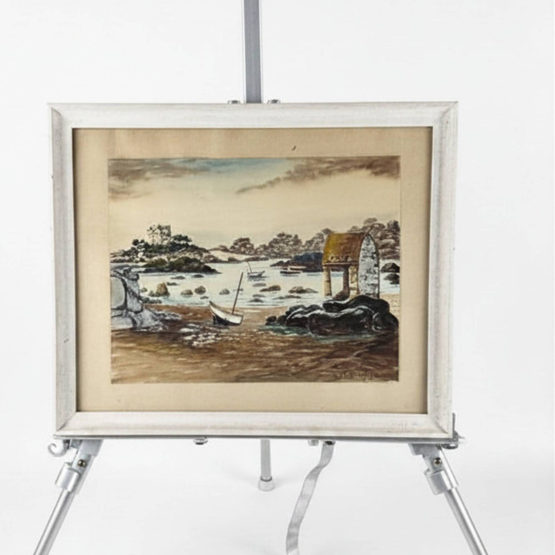 Antikes, handgemaltes Aquarell im Format 36,5 x 44 cm von R. Blossier vom Oratorium Saint-Guirec in Ploumanac, Bretagne, perfekt als exklusives Wandbild.