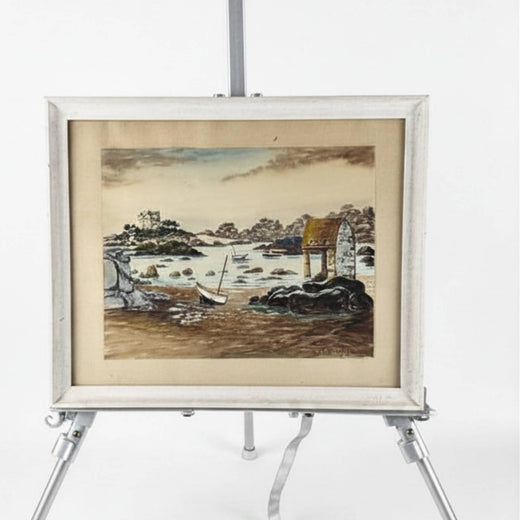 Antike handgemalte Aquarell mit den Maßen 36,5 × 44 cm von R. Blossier aus dem Oratorium von Saint‑Guirec in Ploumanac’h, Bretagne, perfekt als exklusive Wandkunst.