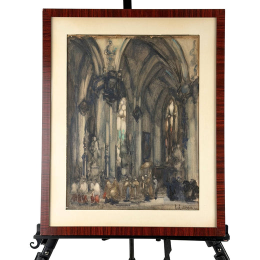 Groß antikes gotisches Kircheninnenraum‑Kunstwerk aus 1930 vom belgischen Maler Louis‑Charles Crespin, exklusiv gerahmt für hochwertige Wandkunst.