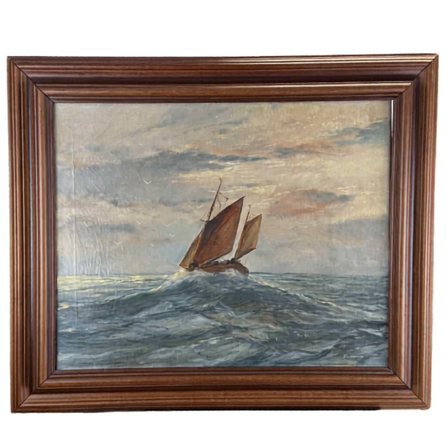 Antikes maritimes Ölgemälde auf Leinwand, 53x63 cm, von R. Doorn, das ein Fischerboot auf See zeigt, perfekt als exklusives Wandbild.