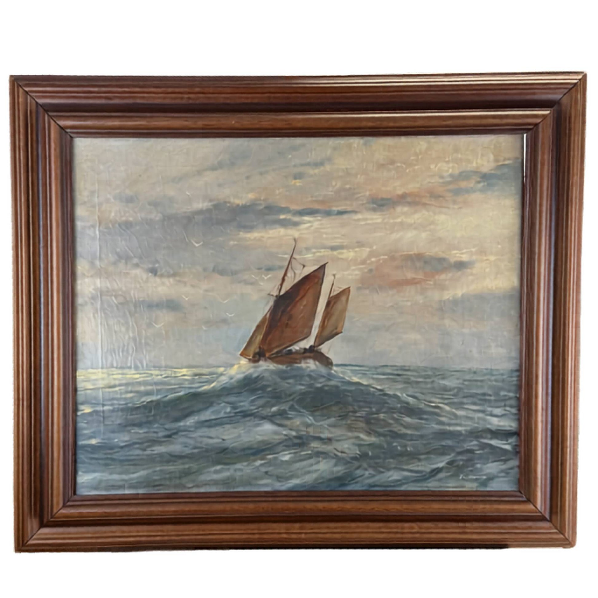 Antikes maritimes Ölgemälde auf Leinwand, 53x63 cm, von R. Doorn, das ein Fischerboot auf See zeigt, perfekt als exklusives Wandbild.