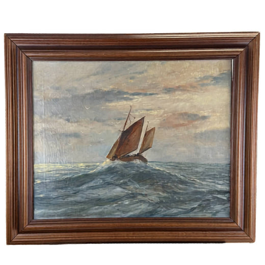 Antikes maritimes Ölgemälde auf Leinwand, 53 × 63 cm, von R. Doorn, ein Fischerboot auf dem Meer, perfekt als exklusive Wandkunst.