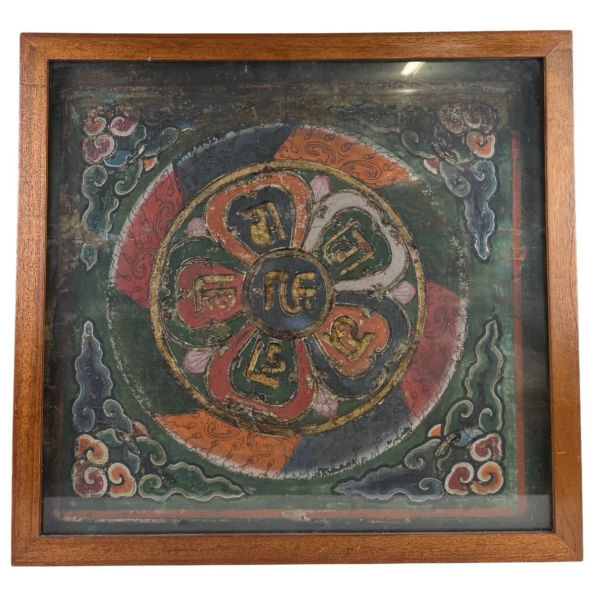 Antike tibetische Thangka‑Mandala Klosterwandgemälde im Rahmen von 61 × 65 cm mit heiligem Ranjana‑Schrift, perfekt als exklusive Wandkunst.