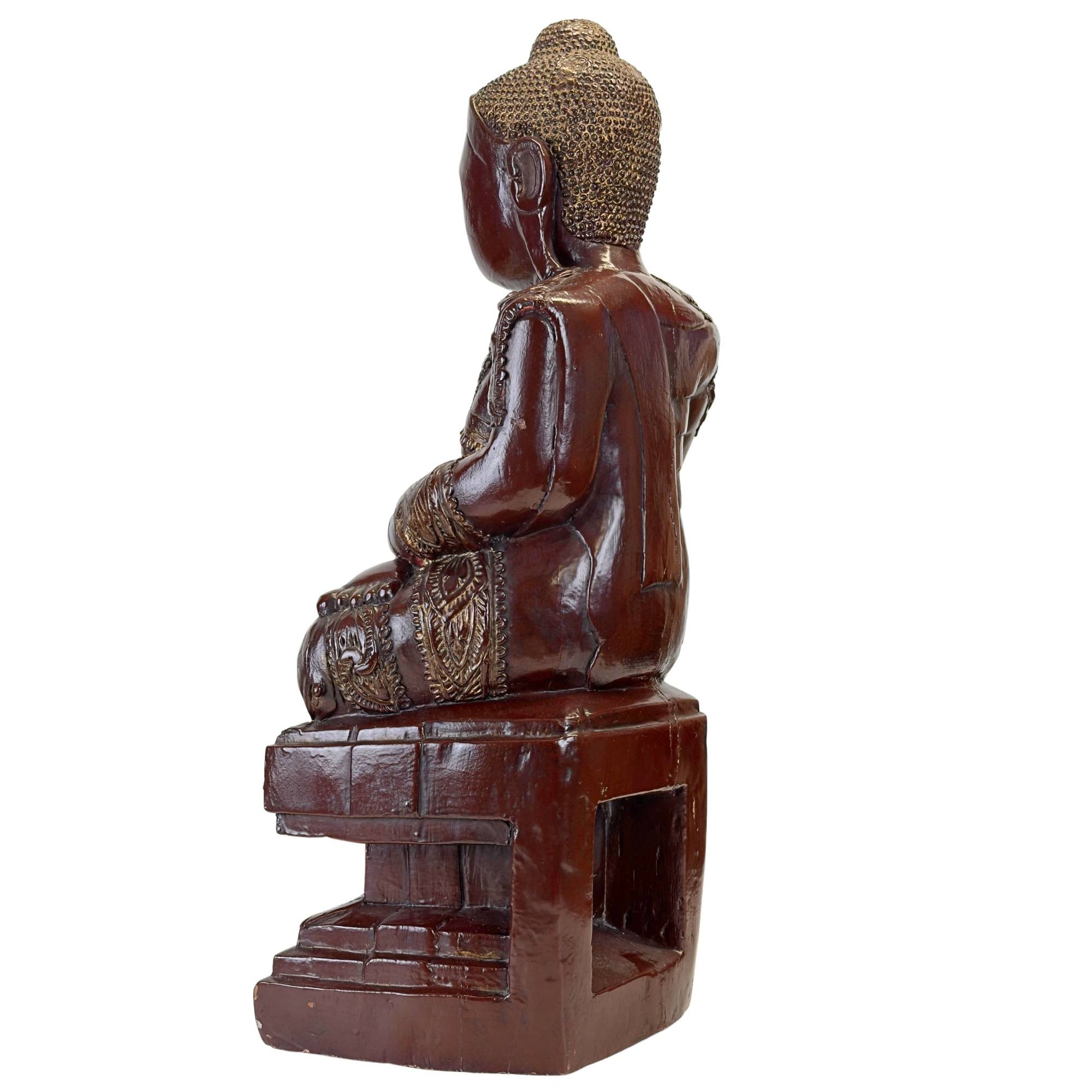 Rechte Rückseite einer antiken Buddha-Statue aus Mandalay, Myanmar, mit originalem Thit-Si-Lack, Blattgold und offener Reliquiennische