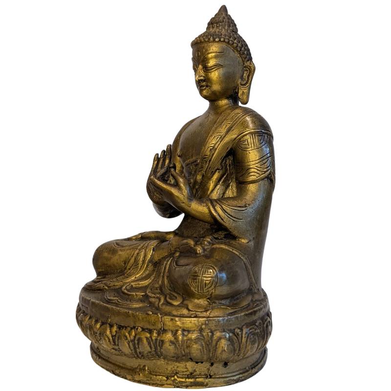 Sino-Tibetaans vuurverguld bronzen Boeddhabeeld in Dharmachakra mudra – detail