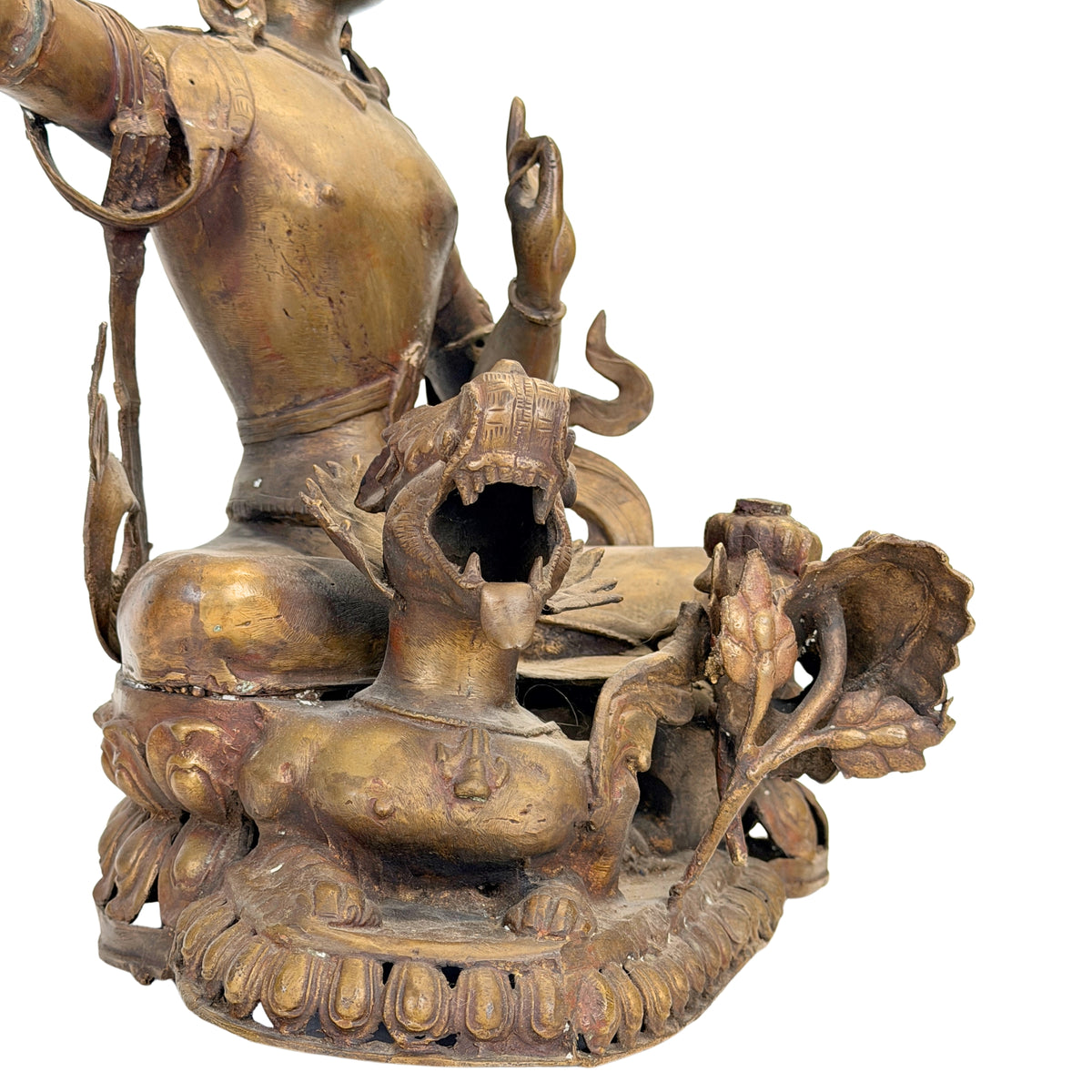 Detail des Gesichts und der hohen Krone des nepalesischen Mañjuśrī