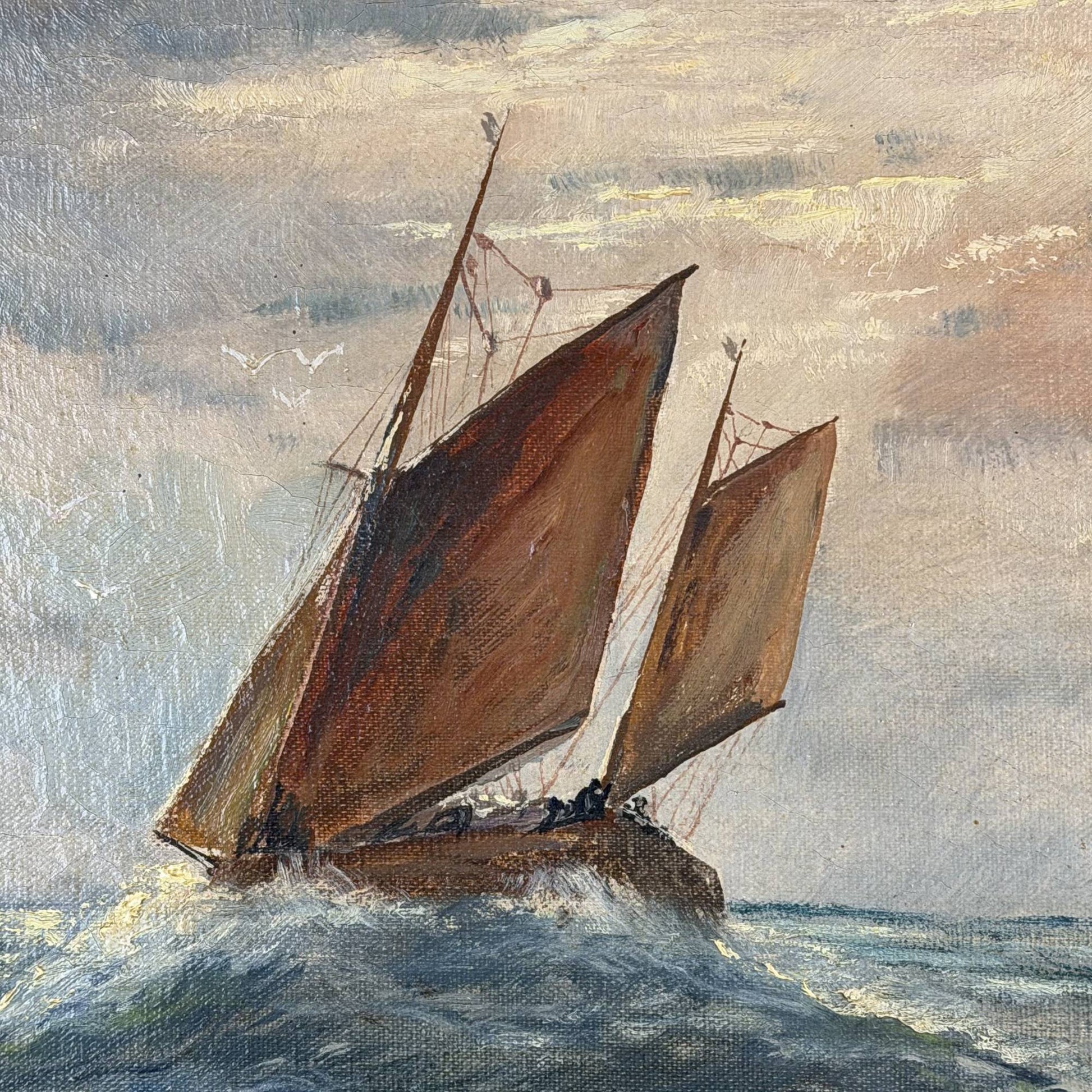 Antikes maritimes Ölgemälde auf Leinwand, 53x63 cm, von R. Doorn, das ein Fischerboot auf See zeigt, perfekt als exklusives Wandbild.