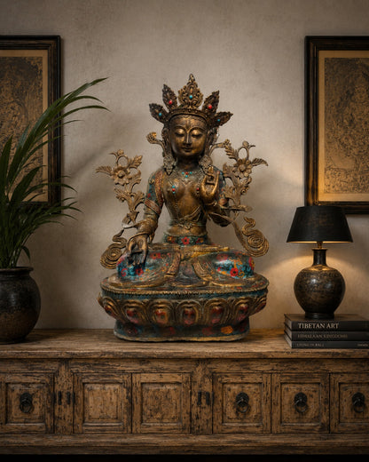 Antikes sino‑tibetisches weißes Tara vergoldetes Bronze Cloisonné Emaille Meisterwerk 80 cm