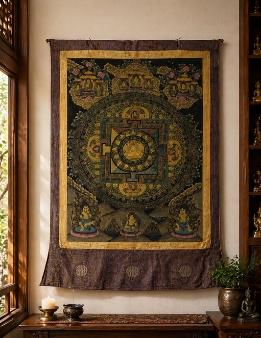 Antike tibetische Mandala-Thangka mit offiziellem Jianding-Wachssiegel